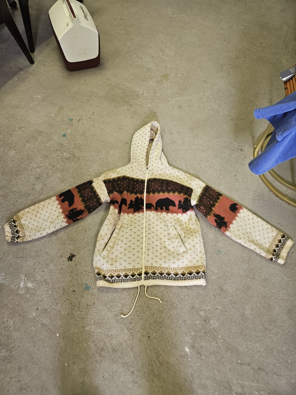 Hooded Zip Jacket with Bear & Forest Pattern - Cream & Rust